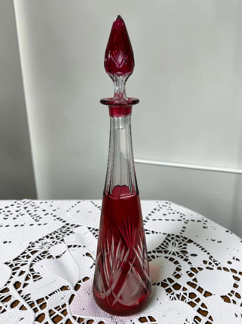 Signed VAL SAINT LAMBERT Cranberry Cut Crystal Carafe Decanter, 1950s Belgian Art Glass (1 of 10)
