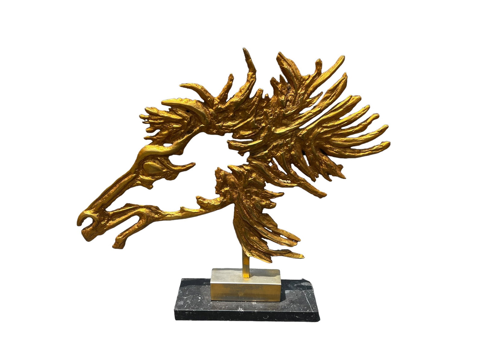 1970s French Brutalist "Cheval" Horse Dore Bronze Sculpture Marble Base Attr: to Philippe Cheverny: A striking 1970s French Brutalist "Cheval" horse dore bronze sculpture attributed to renowned artist Philippe Cheverny. This captivating piece features a stylized horse crafted with bold, angular line