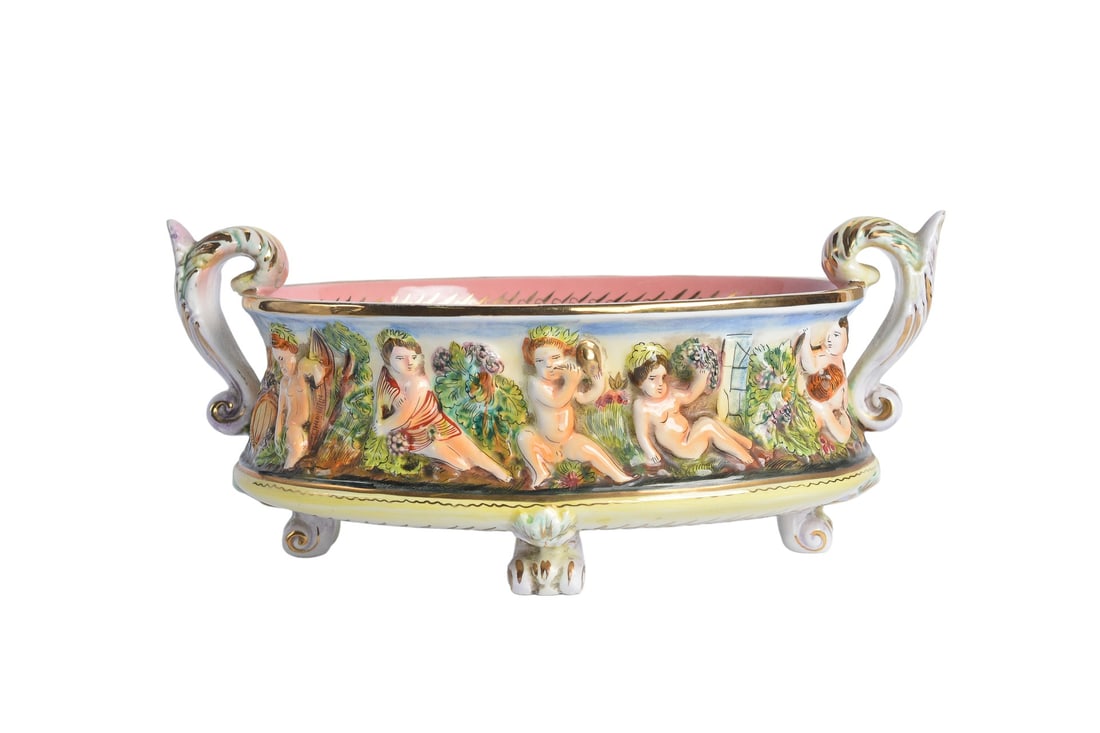 Original 19th Century Antique Capodimonte Oval Double Handle Center Console Porcelain Bowl: Oriignal 19th Century Capodimonte Oval Double Handle Center Console Porcelain Bowl. Crafted with meticulous detail, this stunning piece features intricate floral designs and delicate hand-painted acce