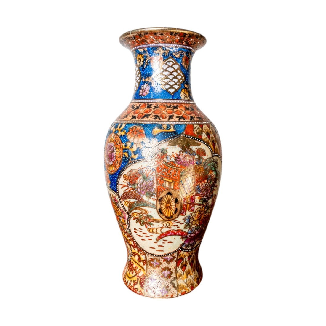 Antique 1900s Hand Painted / Gilt Porcelain Satsuma Vase: This exquisite Antique 1900s Hand-Painted Gilt Porcelain Satsuma Vase showcases intricate detailing, vibrant colors, and rich gold accents, reflecting traditional Japanese Satsuma craftsmanship. The d