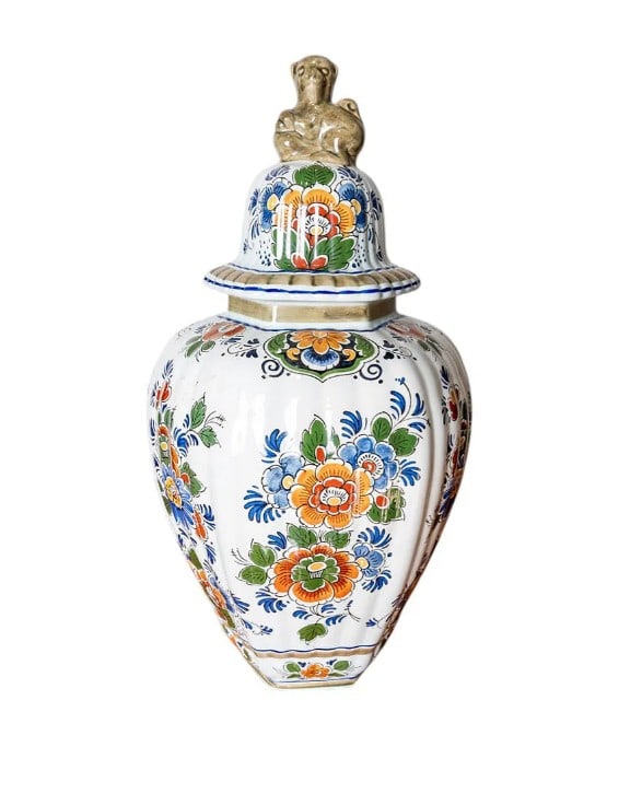 Antique Royal Delft Polychrome Pottery Ceramic Handpainted Flordal Lidded Vase #455 Stamped: This Antique Royal Delft Polychrome Ceramic Lidded Vase (#455) is a beautifully hand-painted piece featuring intricate floral designs. Stamped and authentically crafted, it reflects the rich heritage 