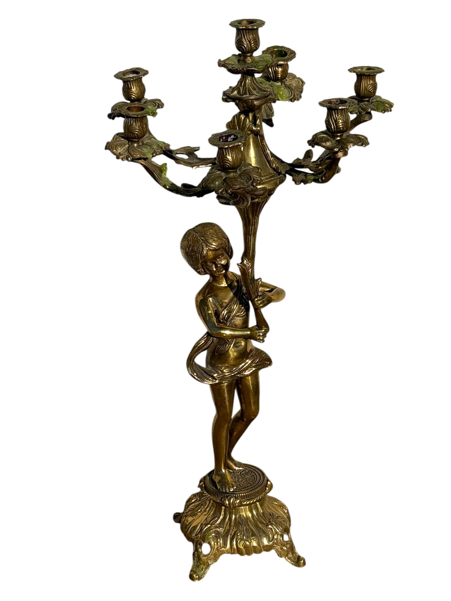 Large Italian Bronze Six-Arm Candelabras, Early 1900s: These large Italian bronze six-arm candelabras from the early 1900s feature elegant form and finely cast detailing, making a striking statement on a dining table, mantel, or console. Their balanced pr