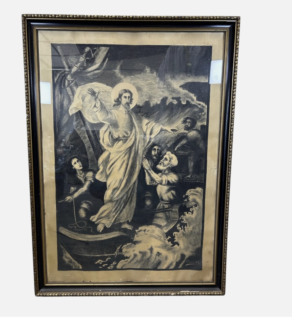 Large Antique Religious Lithograph Print Jesus Calming Storm H Cuwet 58” H: An impressive oversized antique French religious lithograph depicting “Jesus Calming the Storm,” also known in French as “La Tempête Apaisée.” The dramatic biblical scene shows Jesus