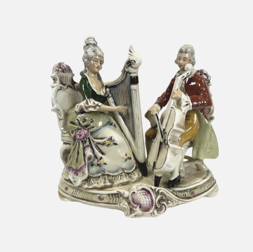 Grafenthal GDR German Porcelain Figural Male Female Duet Harp Cello AR Mark 8”: Beautiful Grafenthal GDR porcelain figural group titled “Duet – Harp and Cello,” depicting an elegant 18th-century Rococo courtly music scene. The composition features a seated lady playing 