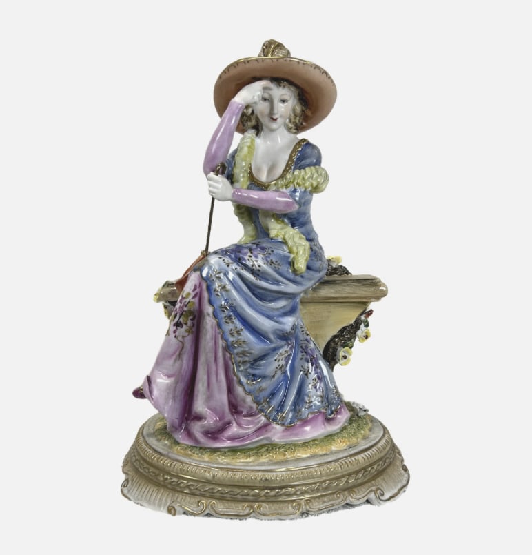 Vintage Carl Scheidig Grafenthal GDR Dresden Style Porcelain Lady Figurine: Carl Scheidig Gräfenthal GDR / East German Dresden-style porcelain lady figurine, depicting an elegant 18th-century noblewoman seated outdoors on a park bench while holding an umbrella or parasol. Th