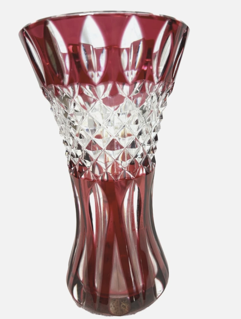 Vintage Val Saint Lambert Cranberry Red Cut to Clear Crystal Teniers Vase 8" (1 of 6)