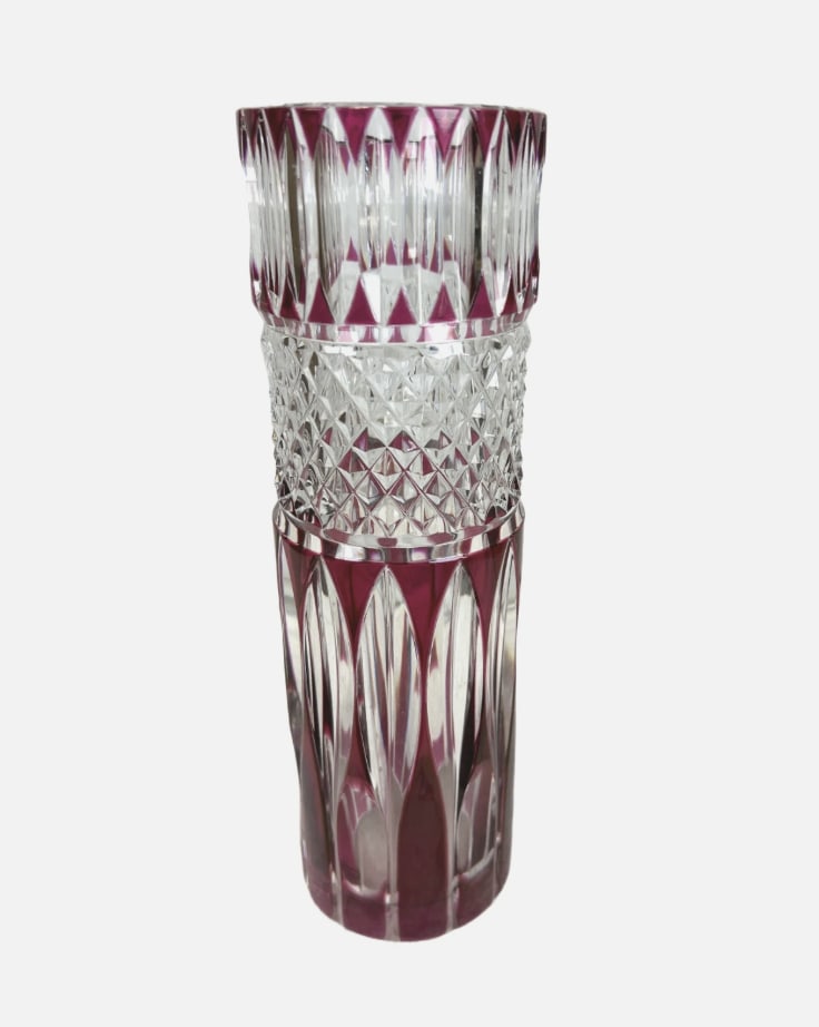 Val Saint Lambert Fuchsia Cranberry Cut to Clear Crystal Vase Rene Delvenne 10" (1 of 8)