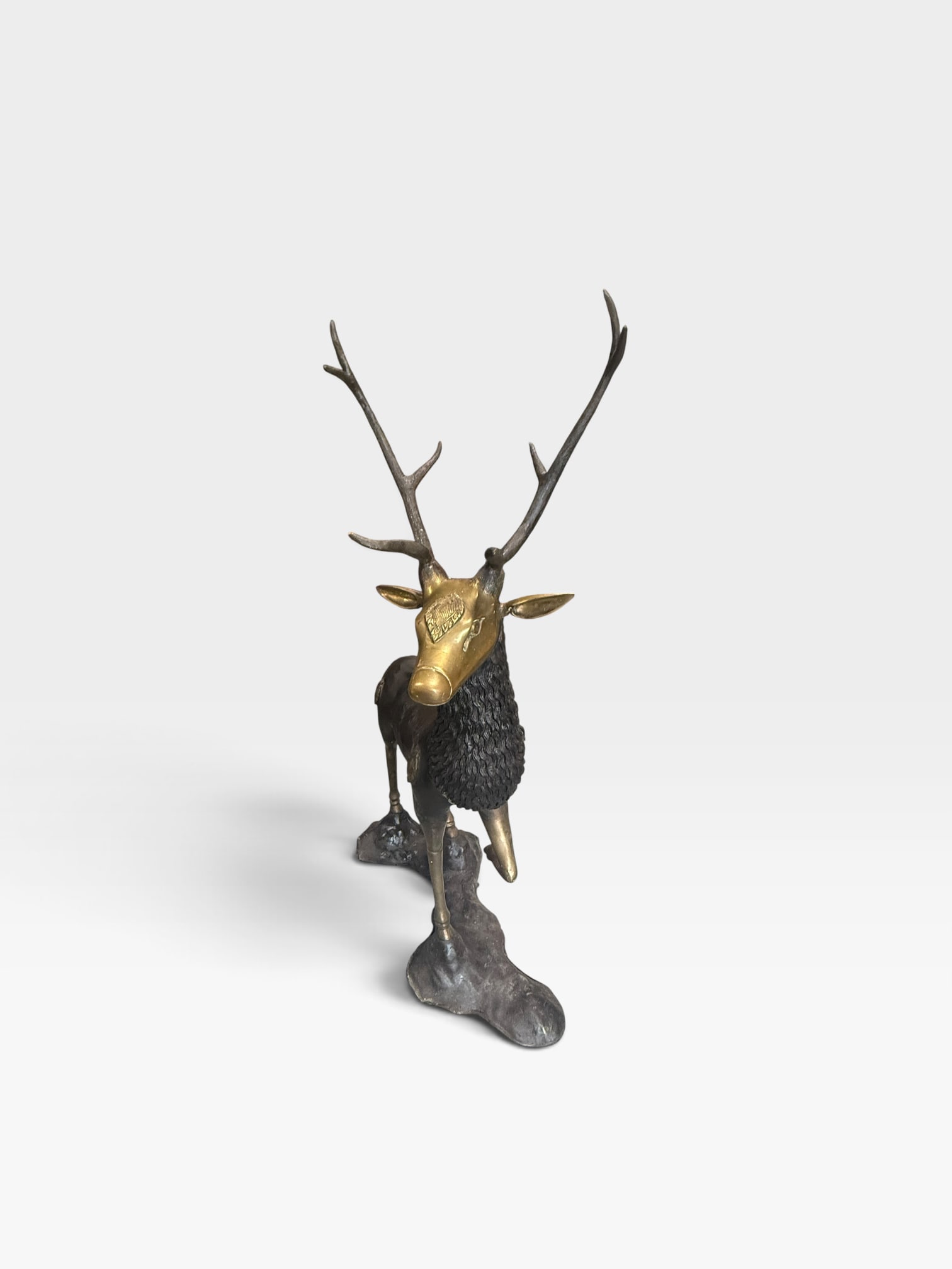 Vintage Mid-Century Bronze & Brass Stag Deer Sculpture 51” Hollywood Regency: Impressive vintage Mid-Century Modern stag sculpture crafted in contrasting bronze and brass finishes. This monumental decorative figure features a dark patinated body paired with a polished golden-br