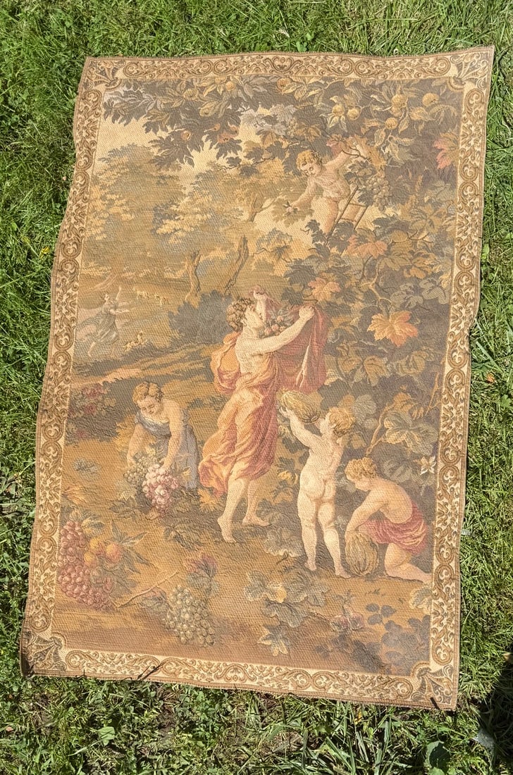 Vintage French Jacquard Wall Tapestry Pastoral Harvest Scene after Brueghel, Louis XVI Gobelin Style: Vintage French Jacquard Wall Tapestry 140x90cm — Pastoral Harvest Scene after Brueghel, Louis XVI Gobelin StyleItem DescriptionUp for auction is a beautiful vintage French Jacquard woven wall tapest