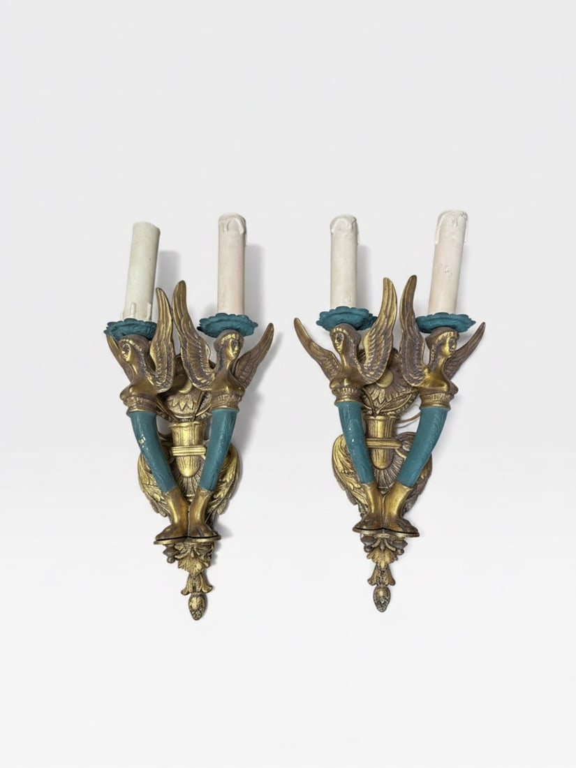 Louis XVI Pair French Empire Bronze Swan Sconces 11in Maison Lucien Gau Wall Lights: Up for auction is an exceptional, highly decorative pair of French Empire Louis XVI style two-light wall sconces. Featuring an elegant, classical winged swan motif, these pieces showcase the signature