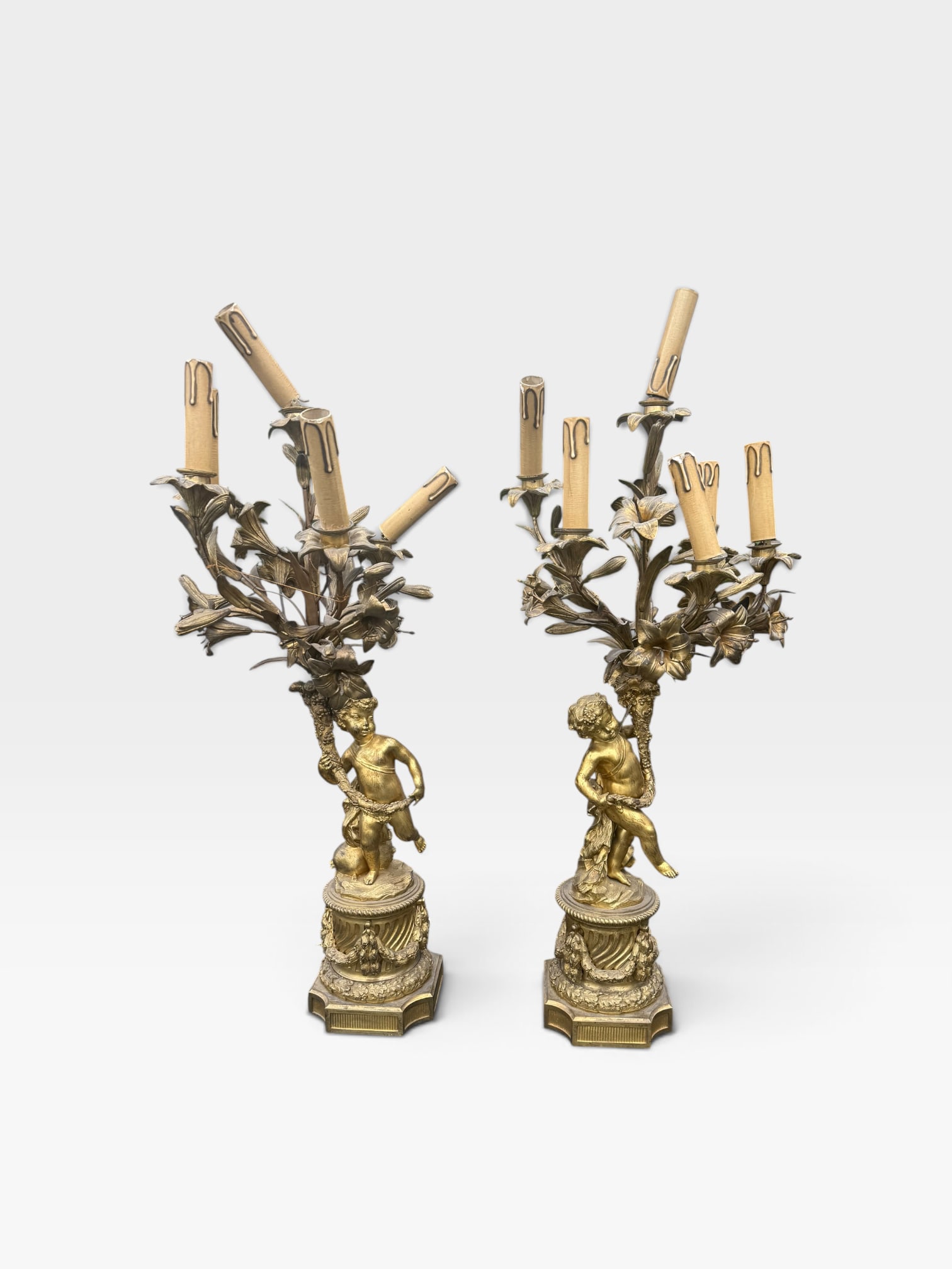 Fine Pair of French 19th Century Louis XV Style Gilt Bronze Figural Candelabra Lamps (1 of 17)
