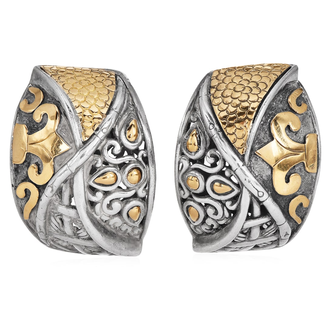 John Hardy Sterling Silver 18K Yellow Gold Fleur de Lis Textured Puff Earrings with Omega Backs for (1 of 7)