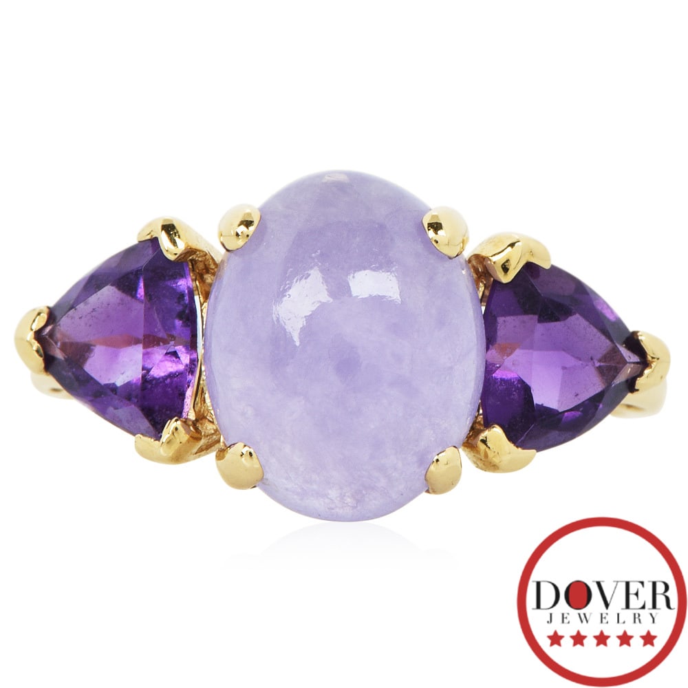 No Reserve Estate Amethyst Jade 14K Gold Oval Cabochon Three Stone Ring NR 2.7 Grams (1 of 4)
