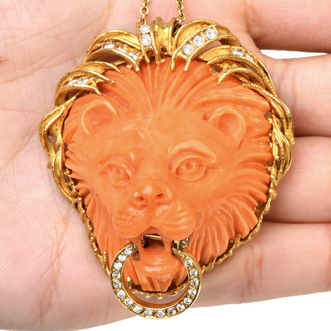 Vintage Italian Carved Coral Lion Head Diamond Gold Pendant 52.3 Grams (1 of 6)