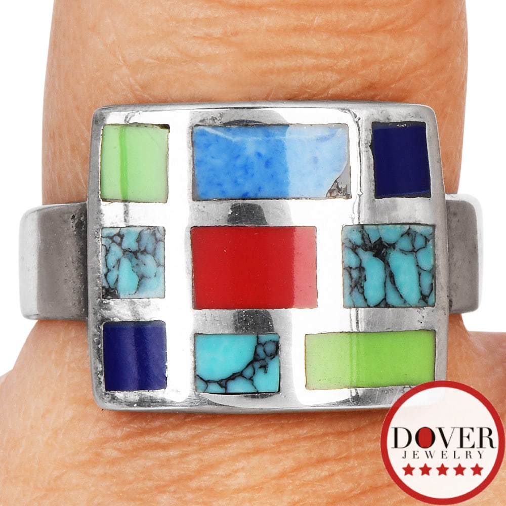 No Reserve Estate Assorted Gemstones Sterling Silver Inlay Set Band Ring 4.6 Grams (1 of 4)