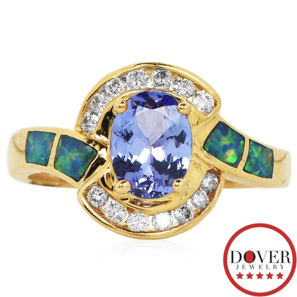 No Reserve Estate Diamond Tanzanite Opal 14K Yellow Gold Oval Wave Band Ring 4.5 Grams (1 of 4)