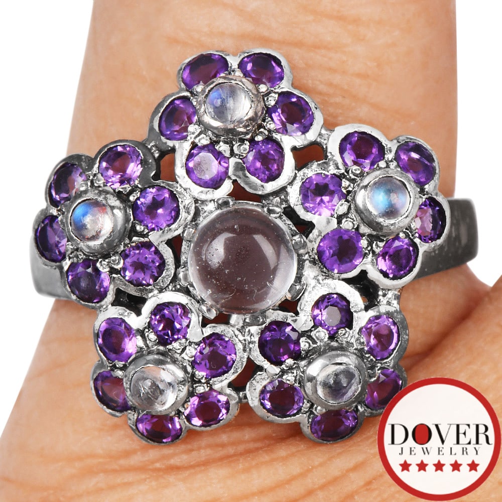 No Reserve Estate Amethyst Moonstone Sterling Silver  Flower Band Ring 4 Grams (1 of 4)