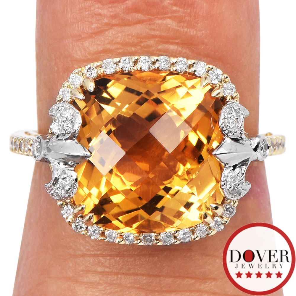 No Reserve Estate Diamond Citrine 14K Gold Filigree Textured Halo Ring 5.8 Grams: Estate Diamond Citrine 14K Gold Filigree Textured Halo RingMetal Type: 14K Yellow GoldTotal Item Weight approx: 5.8 GramsTop Measures approx: 9mm x 21mmRing Size approx: 6.75 (Sizable)1. Gemstone: Gen
