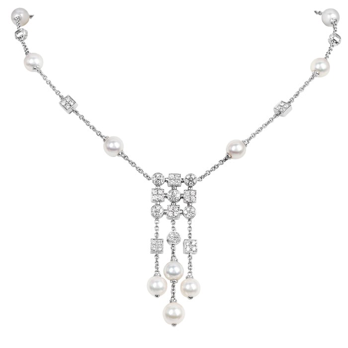 Bvlgari 1.75 Cts Diamond Pearl 18K Gold Bulgari Circle Drop Necklace 24 Grams: Adore this delightful Bvlgari Diamond Gold Necklace. This Diamond pearl Diamond Drop necklace is crafted in 18-karat white gold, with square and circular diamond motifs. The gleaming diamonds and upsc