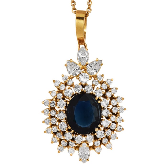 Estate 8.86Cts Sapphire Diamond 18K Gold Halo Drop Pendant 17.2 Grams (1 of 7)
