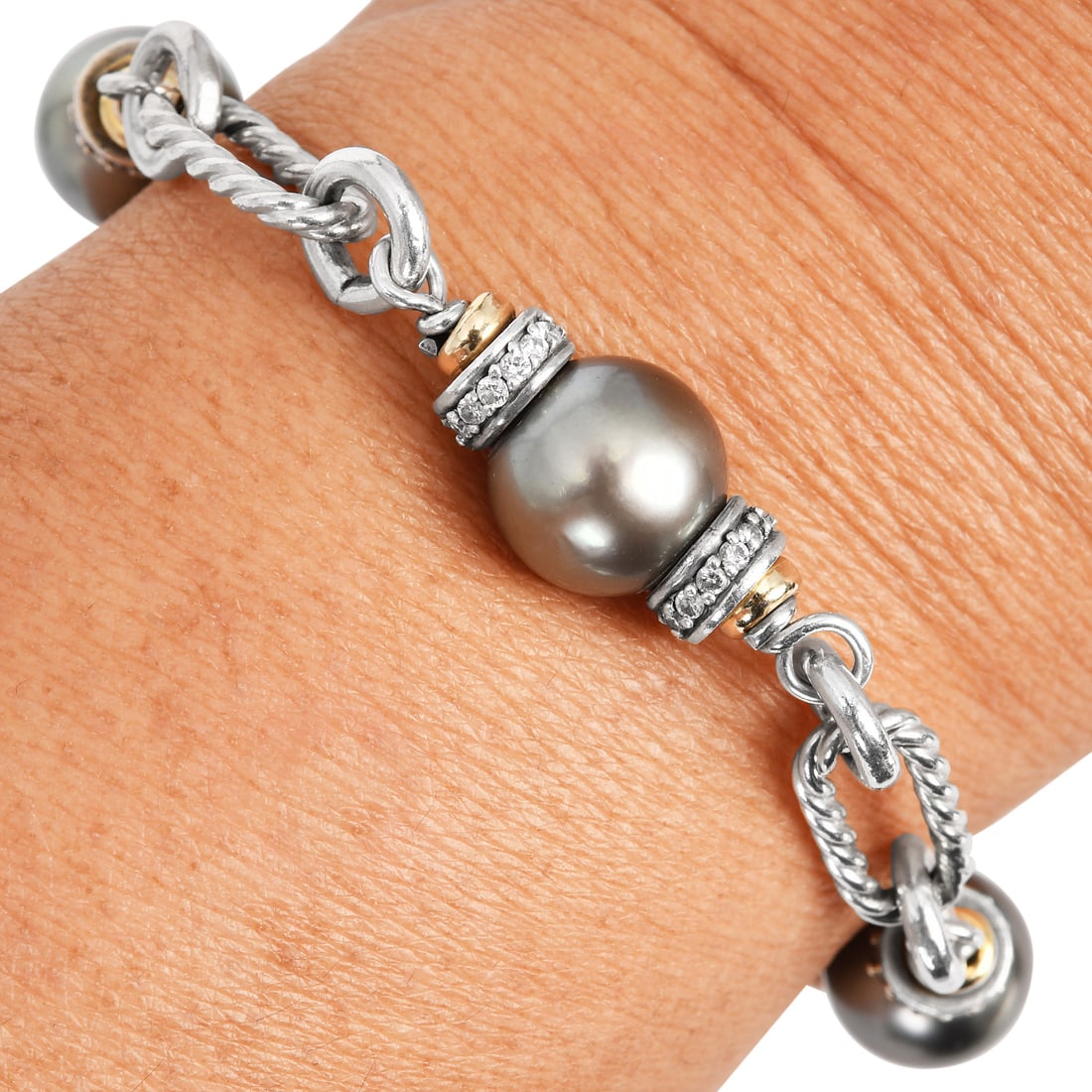 David Yurman Signature Figaro 18K Yellow Gold Sterling Silver Diamond Pearl Bracelet 20.7 Grams (1 of 3)