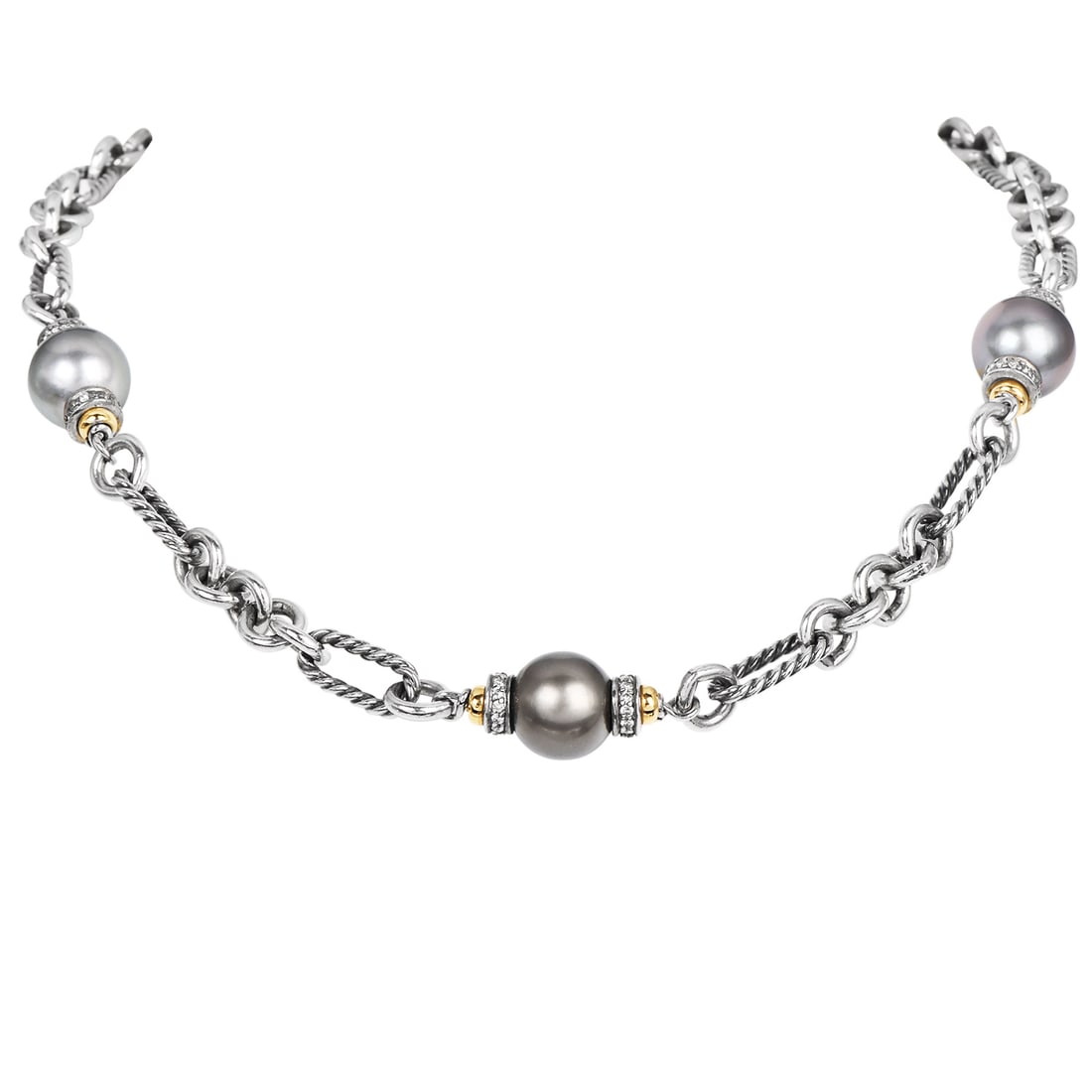 David Yurman Signature Figaro 18K Yellow Gold Sterling Silver Diamond Pearl Necklace 45.6 Grams (1 of 4)