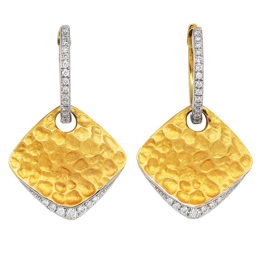 Estate Diamond 14K Multi Tone Gold Geometric Dangle Hoop Earrings 3.9 Grams (1 of 5)