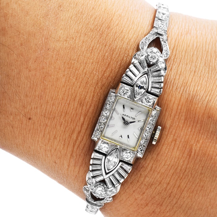 Antique Hamilton 4.75cts Diamond Platinum Ladies Cocktail Watch 27.1 Grams (1 of 4)