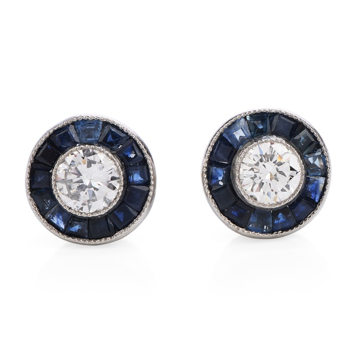 Classic Deco 1.25 Diamond Sapphire Platinum Stud Earrings 3.4 Grams (1 of 3)