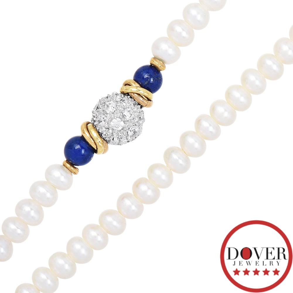 No Reserve Estate Lapis Pearl Crystal 14K Gold Abstract Beaded Necklace 25.4 Grams (1 of 4)