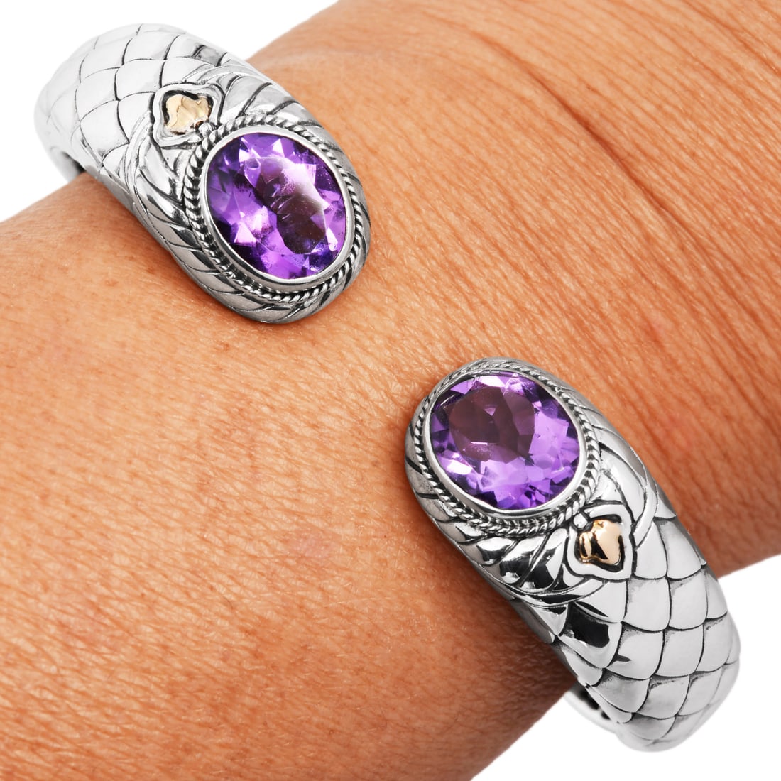 No Reserve Amethyst 18K Yellow Gold & Sterling Silver Hinge Bracelet 35.7 Grams (1 of 5)