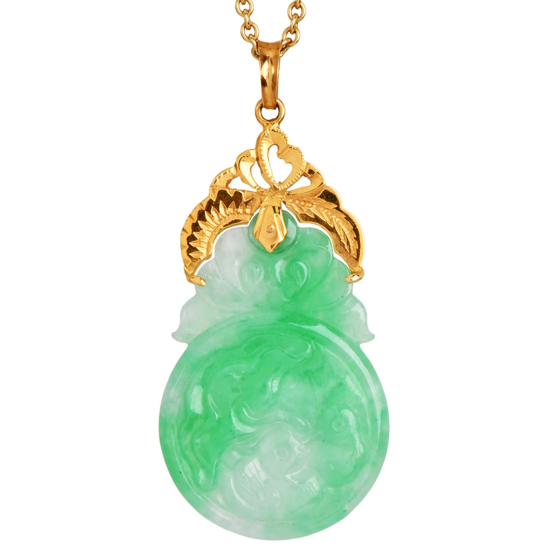 Estate Jadeite 18K Yellow Gold Carved Coin Pendant 5.26 Grams: Estate Jadeite 18K Yellow Gold Carved Coin Pendant Product Description: A beautiful **estate pendant** featuring a finely **carved jadeite coin** suspended in an