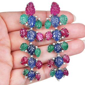 Estate Ruby Sapphire 33.00ct Emerald Diamond 18K White Gold Fruitti Tutti Earrings 44.6 Grams (1 of 5)