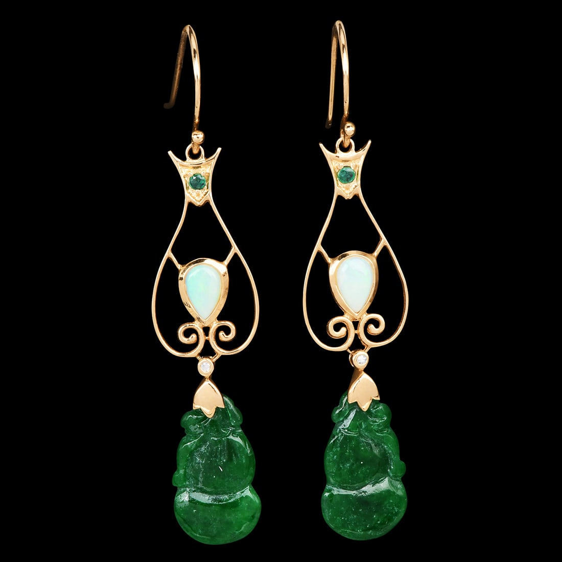Estate Diamond 5.05ct Emerald Jade 9K Gold Carved Drop Earrings 2.9 Grams (1 of 4)