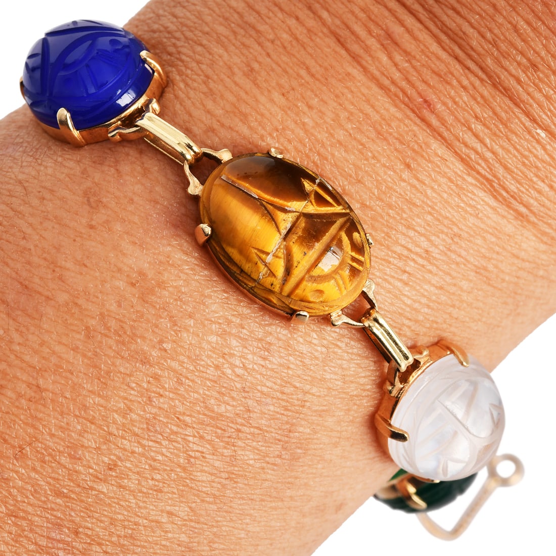 Vintage 14k Yellow Gold Natural Gemstone Scarab Bracelet 20.9 Grams (1 of 5)