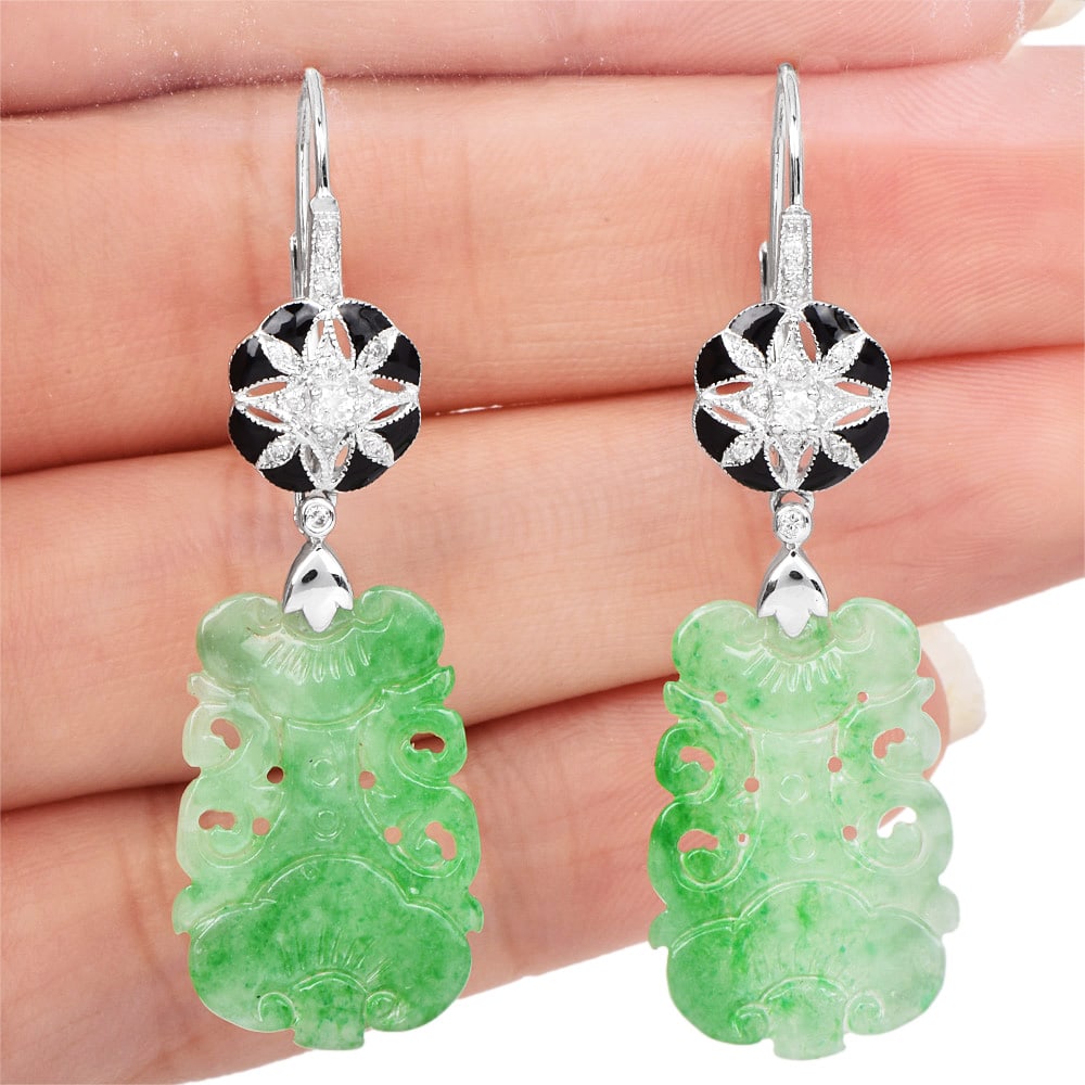 Estate Diamond Jade 9K White Gold Carved Dangle Drop Earrings 4 Grams (1 of 4)