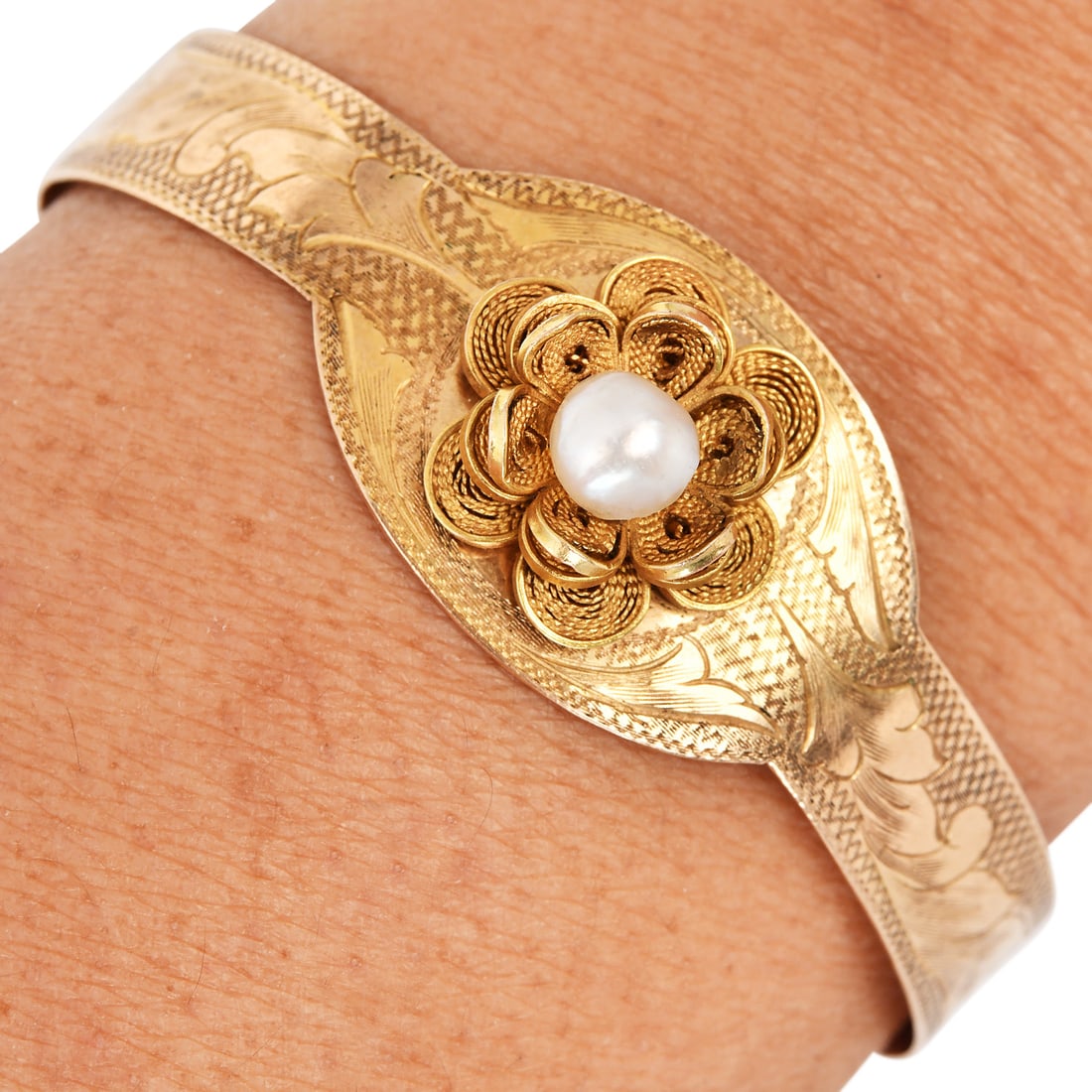 Victorian Antique En Tremblant Pearl 14K Yellow Gold Adjustable Floral Bracelet 11.8 Grams (1 of 5)