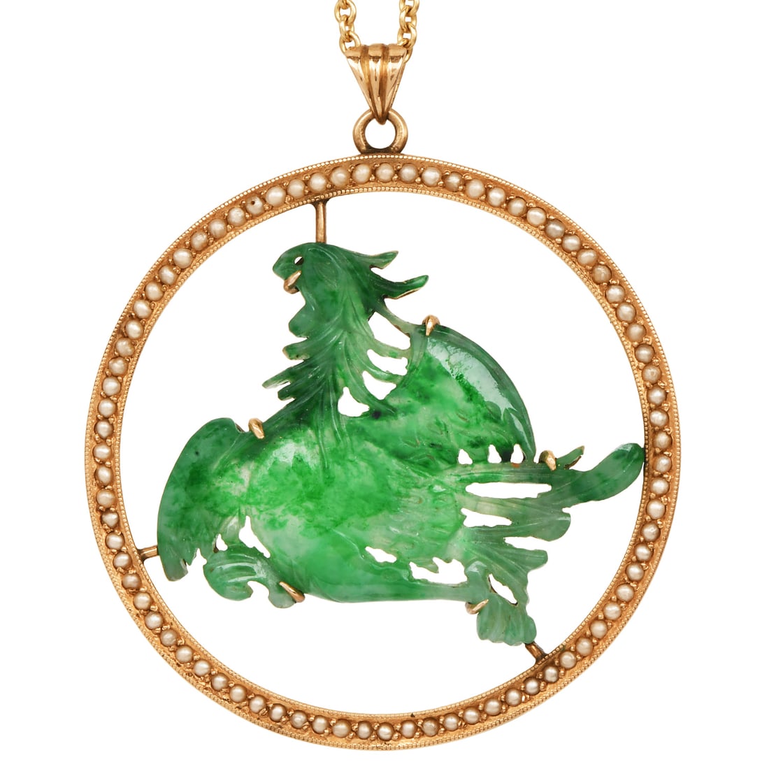 Estate Pearl Carved Jadeite Jade 14K Yellow Gold Bird Design Pendant 8.8 Grams (1 of 5)