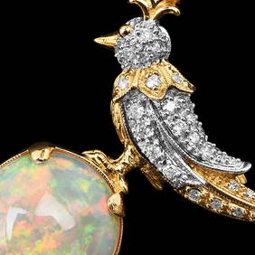 Estate Diamond 8.80cts Opal 18K Gold Bird on a Rock Brooch Pin 9.3 Grams (1 of 4)