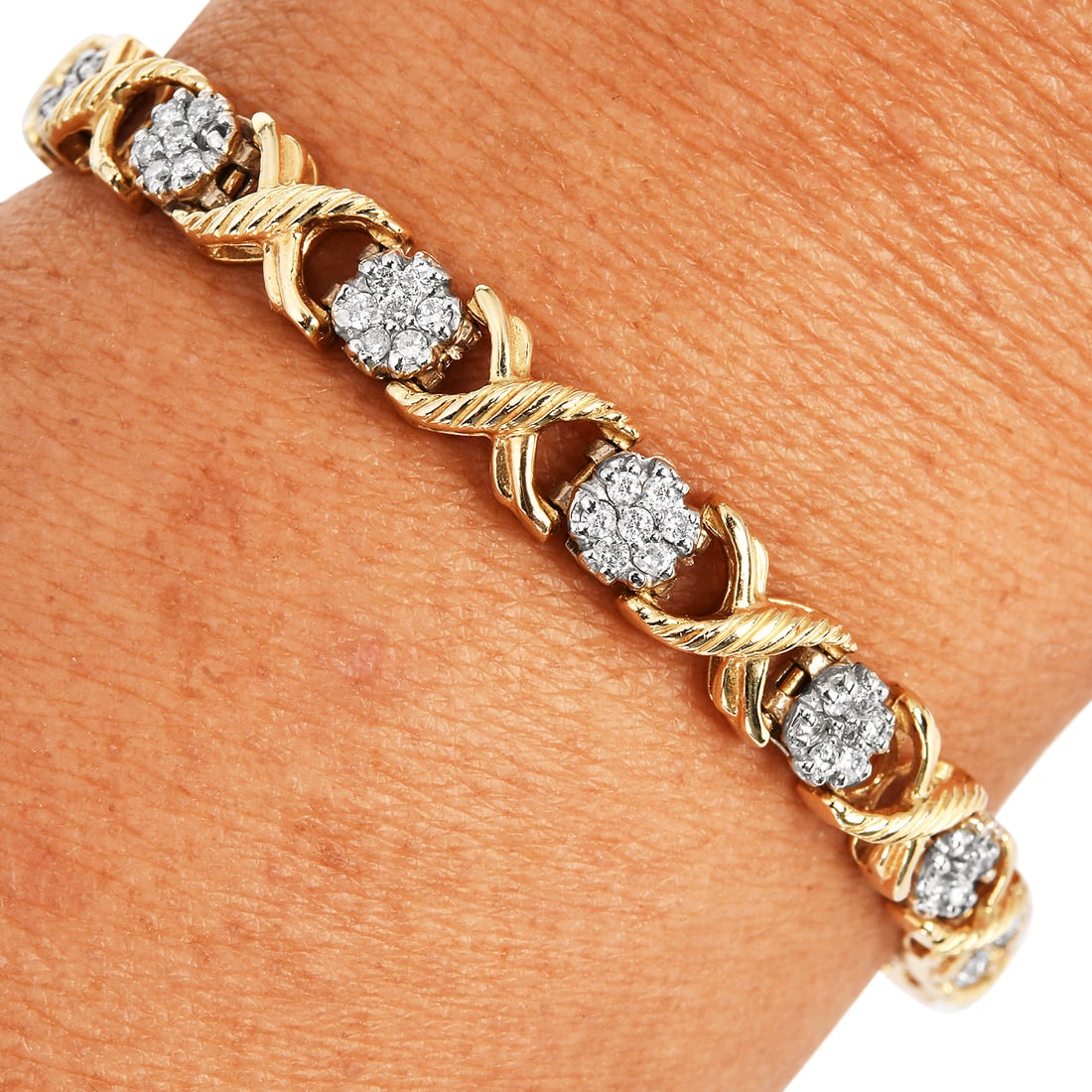 Estate Diamond 1.00ct 14K Yellow & White Gold Crisscross Link Bracelet 15.4 Grams (1 of 5)