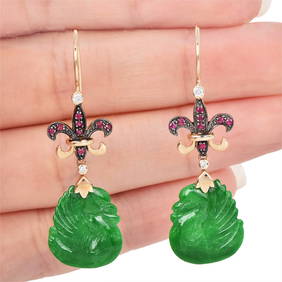 Estate Diamond Ruby Jade 9K Yellow Gold Carved Swan Fleur De Lis Earrings 3.1 Grams (1 of 4)