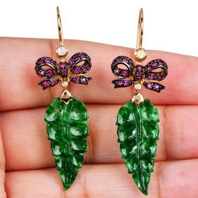 Estate Diamond 6.54ct Opal Ruby Jade 9K Gold Leaf Bow Dangle Earrings 4.4 Gr (1 of 4)