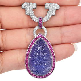 Estate Diamond Tanzanite Ruby 18K Gold Carved Pear Floral Brooch Pin 18.0 Grams (1 of 4)