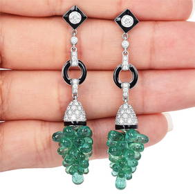 Estate Diamond 19.85ct Emerald 18K Gold Grape Dangle Drop Earrings 10.8 Grams (1 of 4)