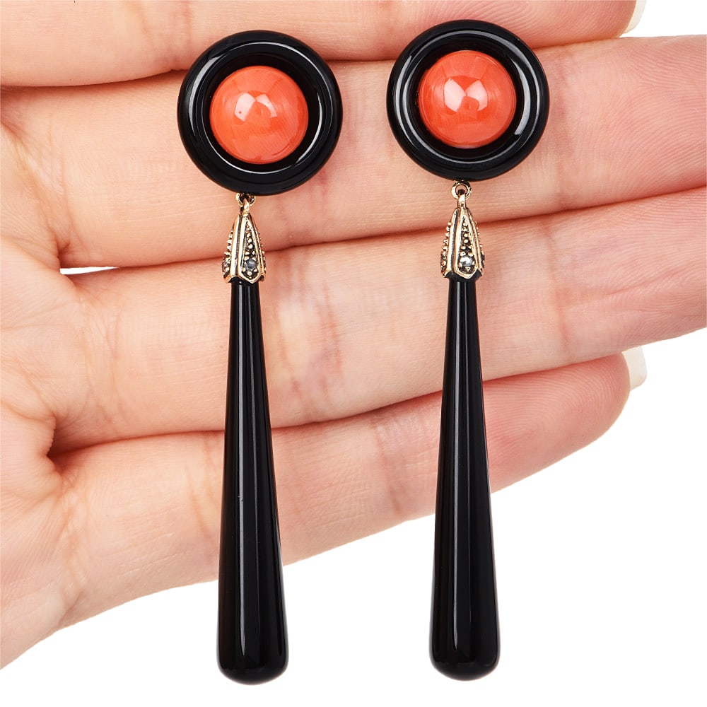 Estate Diamond 40.27ct Onyx Coral 9K Gold Long Dangle Drop Earrings 9.0 Grams (1 of 4)