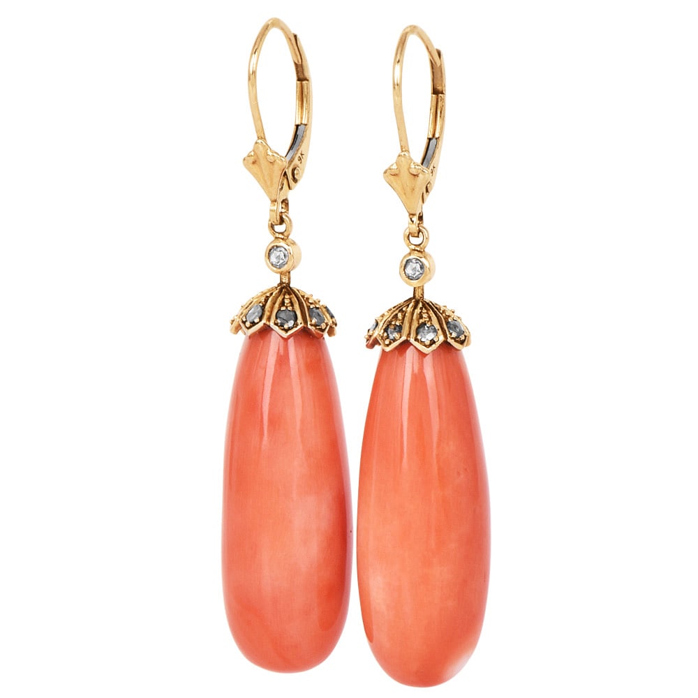 Estate Diamond 45.21ct Coral 9K Gold Elongated Cabochon Dangle Drop Earrings 11.4 Grams (1 of 4)