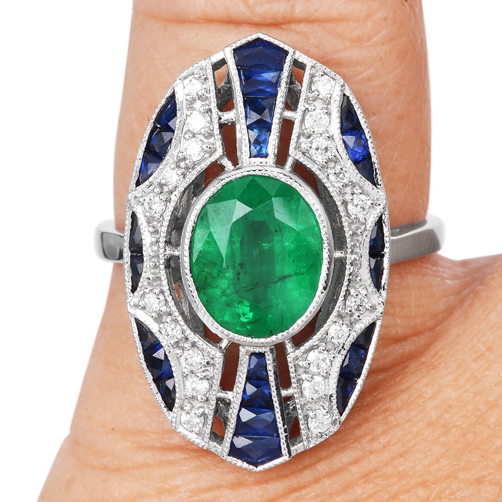 Estate Diamond 3.24ct Emerald Sapphire 18K Gold Oval Navette Halo Statement Ring (1 of 4)