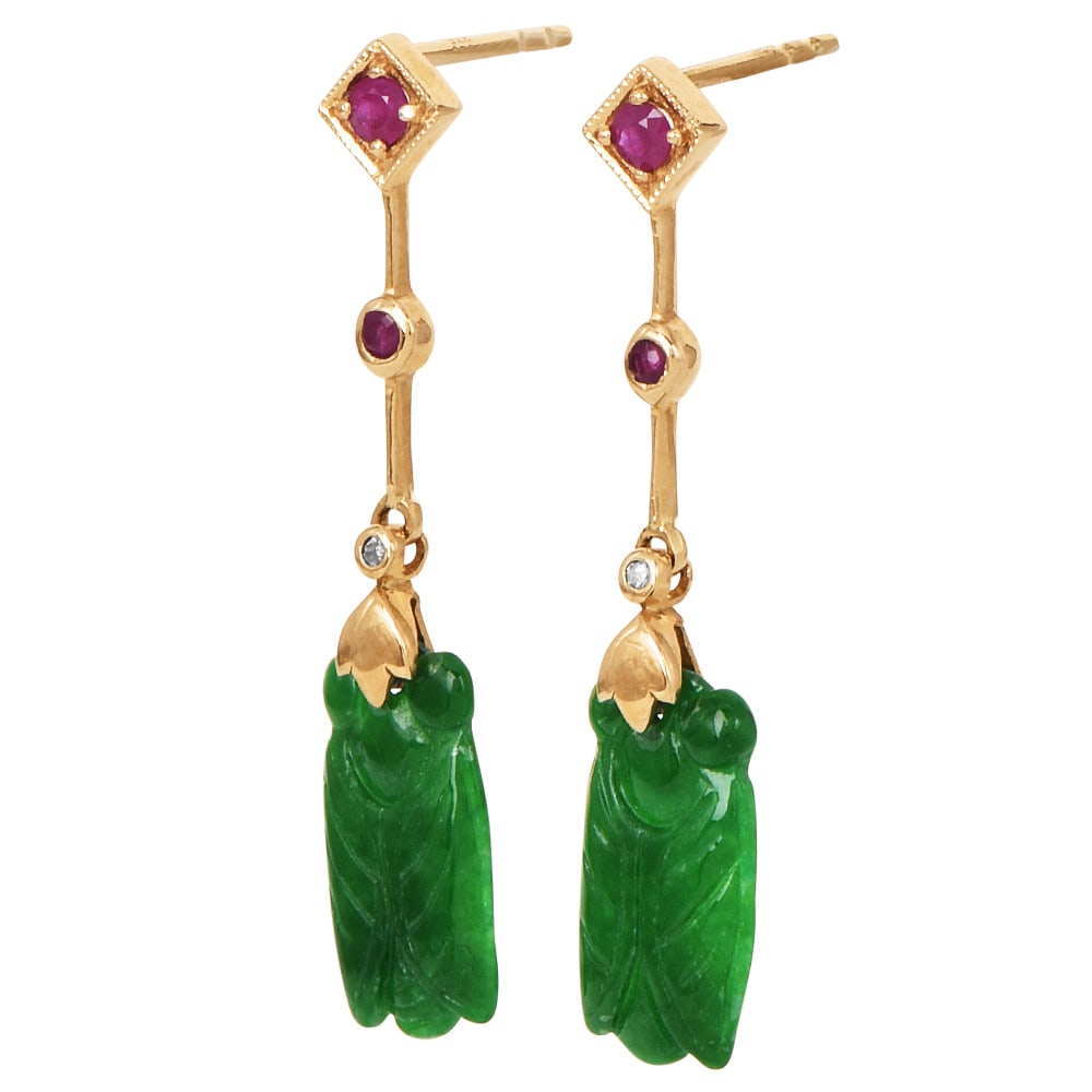 Estate Diamond 2.46ct Ruby Jade 9K Yellow Gold Carved Dangle Drop Earrings (1 of 4)