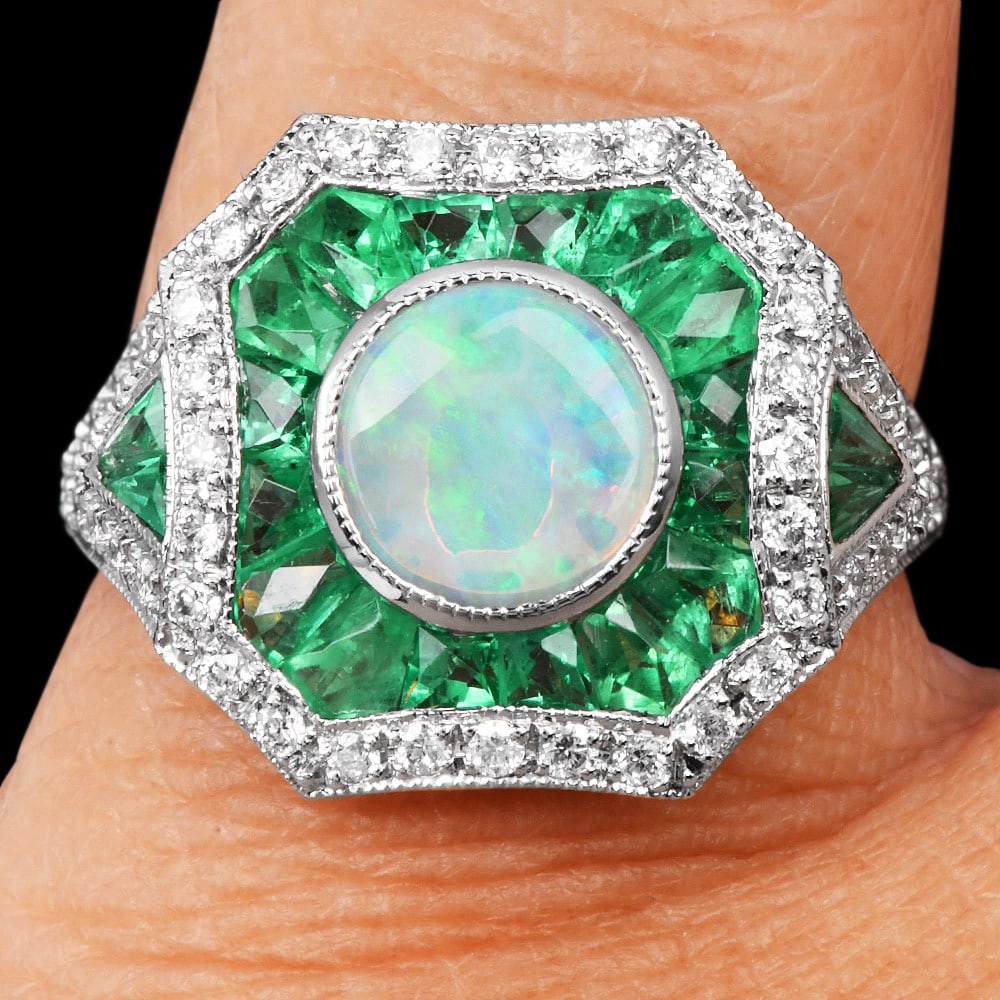 Estate Diamond 2.58ct Opal Emerald 14K Gold Double Halo Octagonal Statement Ring (1 of 4)