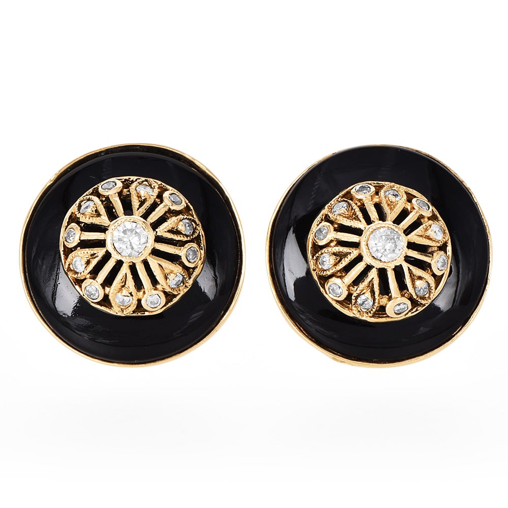 Estate Diamond 5.66ct Onyx 9K Gold Round Disc Statement Stud Earrings 4.1 Grams (1 of 4)